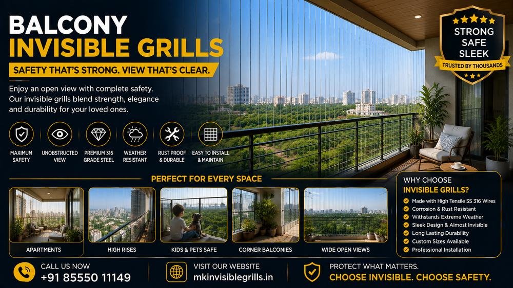 Balcony Invisible Grills installation by MK Invisible Grills
