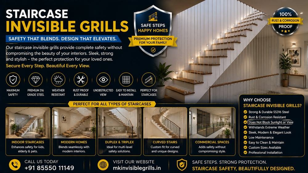 Staircase Invisible Grills installation by MK Invisible Grills