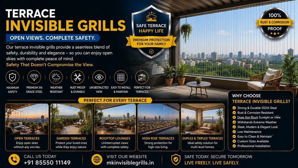 Terrace Invisible Grills installation by MK Invisible Grills
